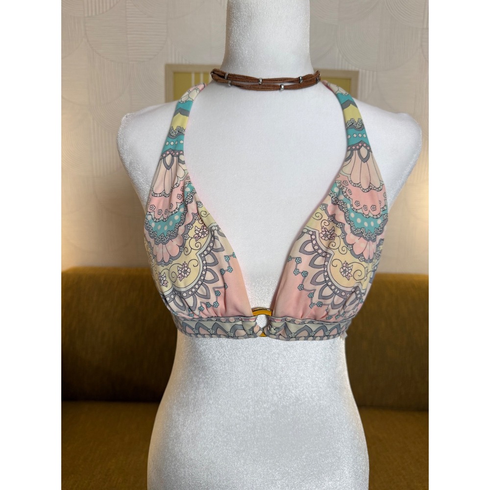 Victorias Secret Pink Paisley Halter Triangle Bikini Top Gold Ring Small